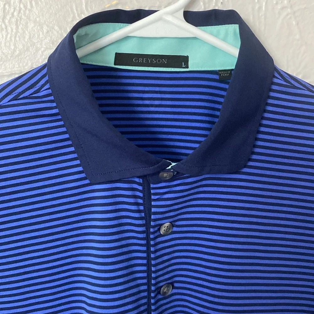 ⛳️ Greyson Men’s Navy Blue Stripped Golf Polo - L 🏌️♂️ - Picture 5 of 10